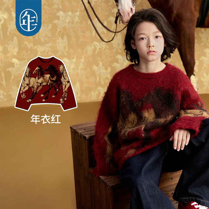 Xu Beihong Galloping Horse Family Sweater 徐悲鸿联名大展鸿图毛衣 - Red 年衣红