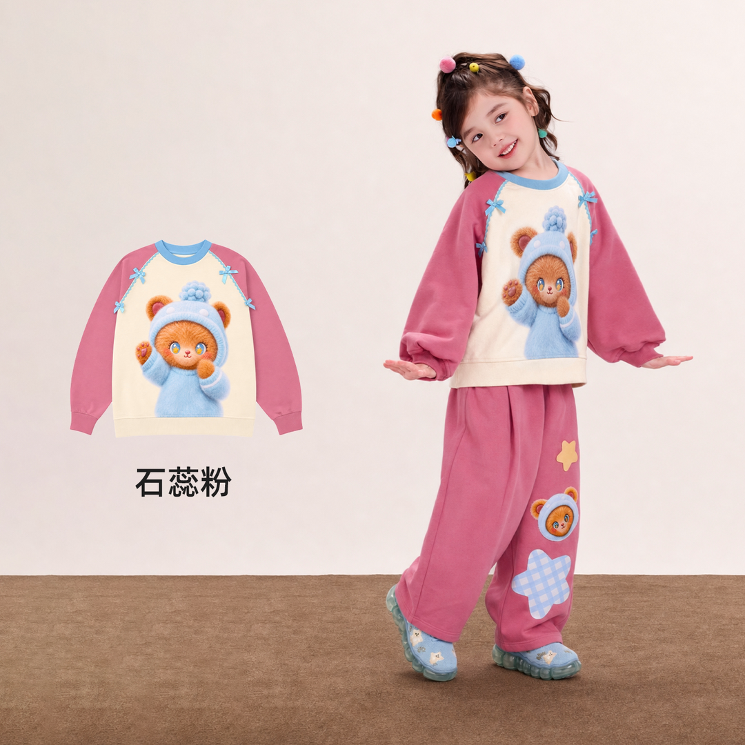 Hedgehog & Bear Raglan Sweatshirt 苹果森林插肩圆领卫衣 – Pink & Cream 石蕊粉