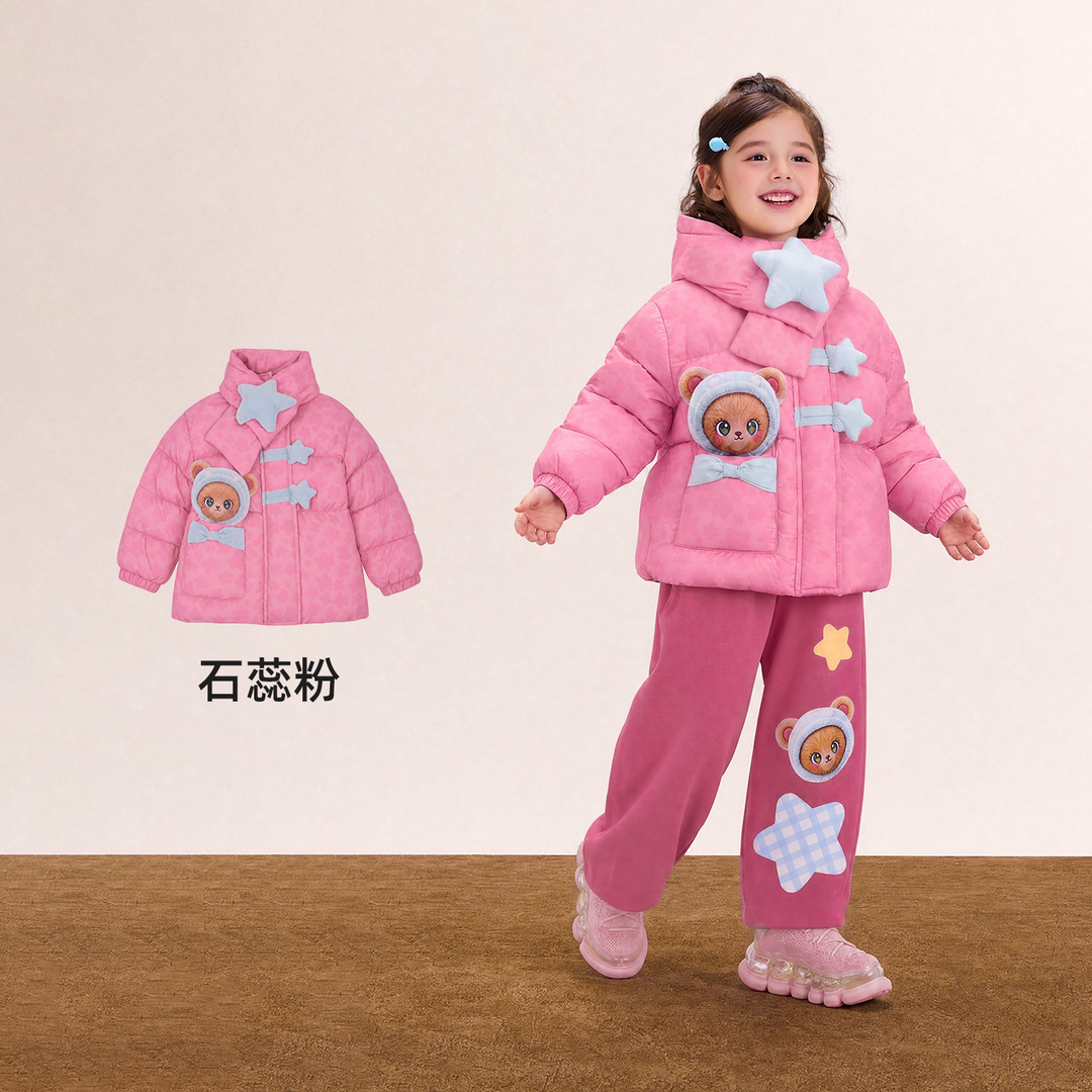 Apple Forest Padded Puffer Jacket with Scarf 苹果森林加厚棉服 – Pink 石蕊粉