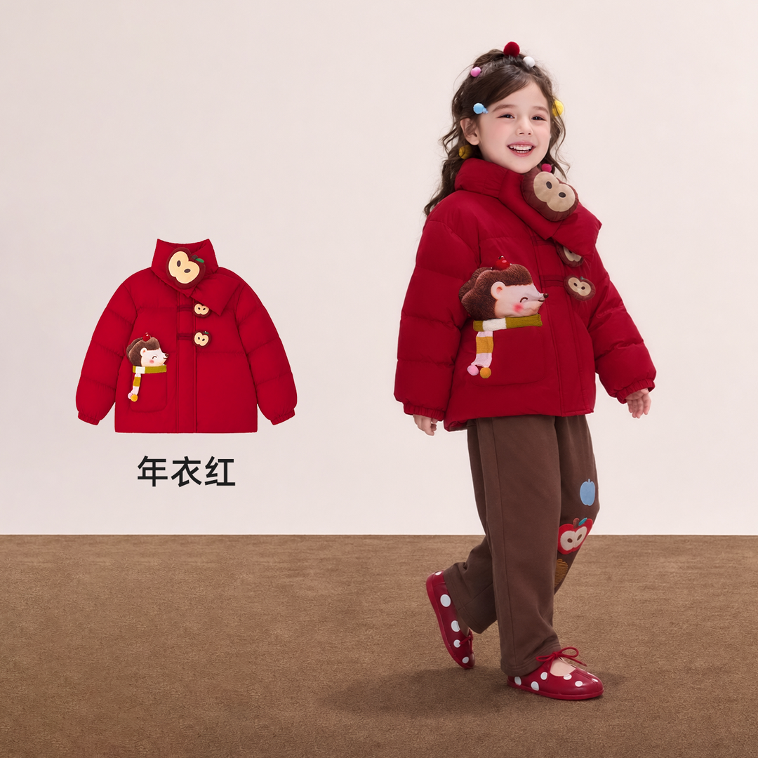 Apple Forest Padded Puffer Jacket with Scarf 苹果森林加厚棉服 – Red 年衣红