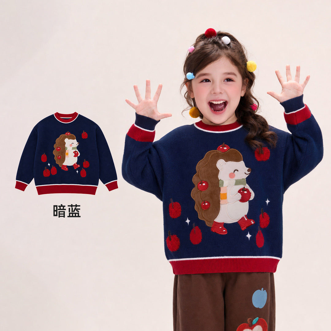 Hedgehog & Bear Cotton Crewneck Sweater 苹果森林卡通毛衣 – Navy 暗蓝