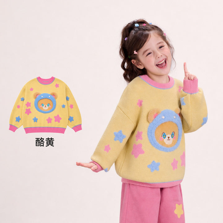 Hedgehog & Bear Cotton Crewneck Sweater 苹果森林卡通毛衣 – Butter Yellow 酪黄