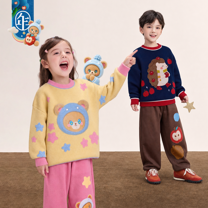 Hedgehog & Bear Cotton Crewneck Sweater 苹果森林卡通毛衣