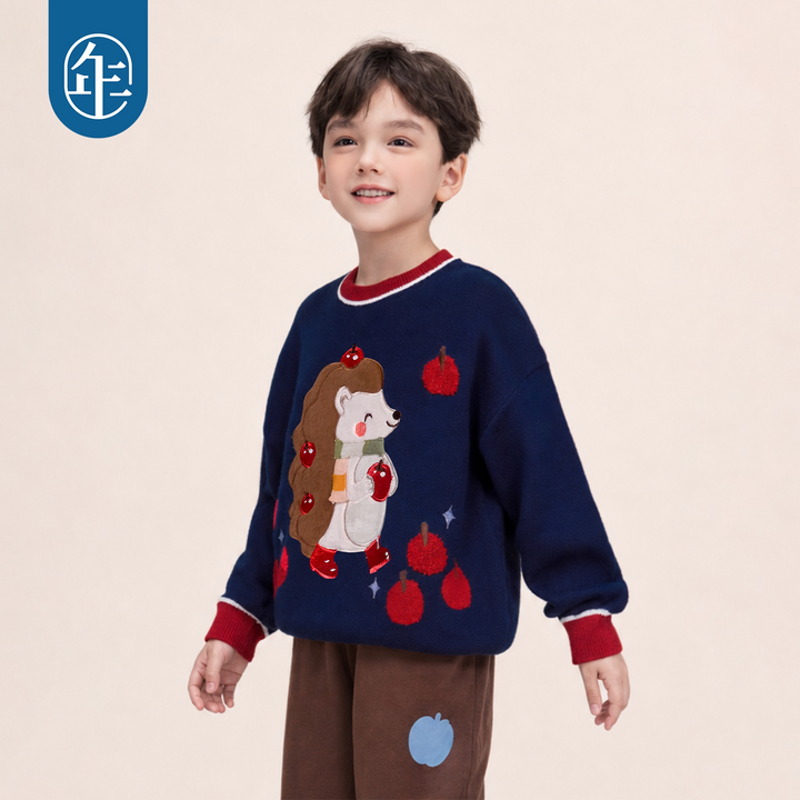 Hedgehog & Bear Cotton Crewneck Sweater 苹果森林卡通毛衣