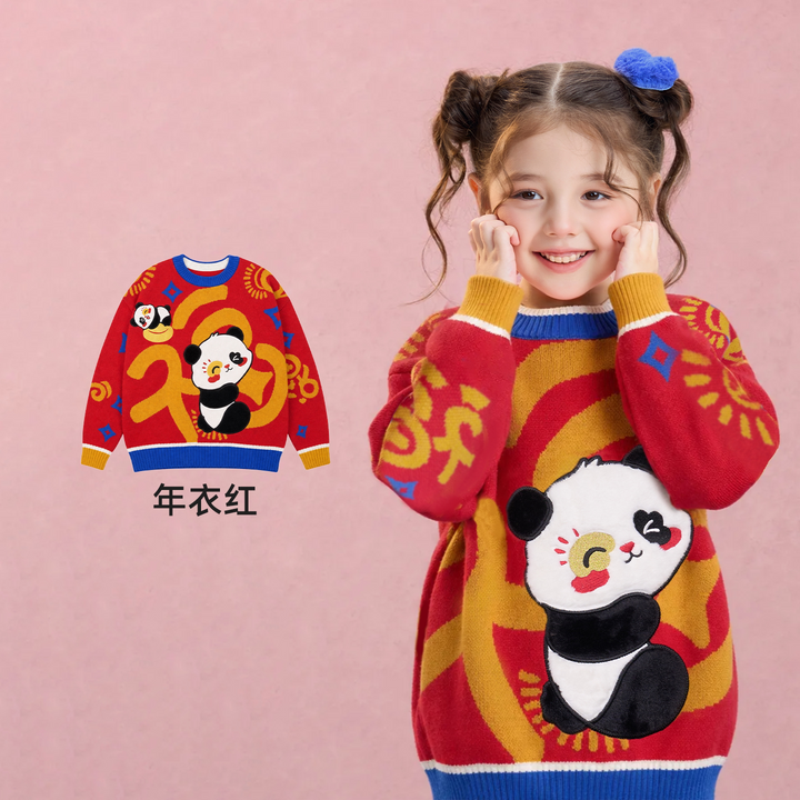 Panda Fu Jacquard Cotton Sweater 熊猫抱福棉纱毛衣 – Red 年衣红