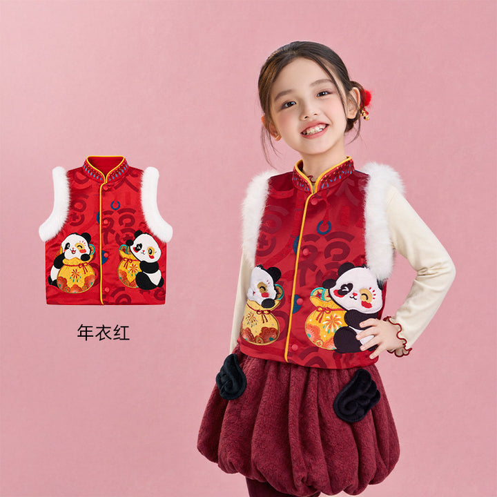 Panda Fu Brocade Faux-Fur Mandarin Vest 熊猫抱福中式马甲 – Red 年衣红