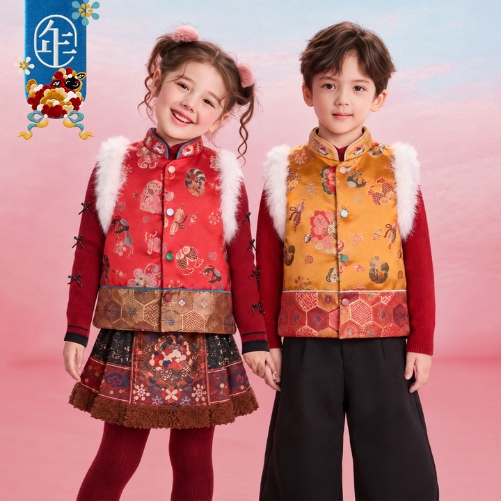 Lamb Brocade Faux-Fur Trim Tang Vest 小羊锦缎中式马甲