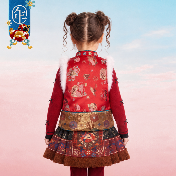 Lamb Brocade Faux-Fur Trim Tang Vest 小羊锦缎中式马甲