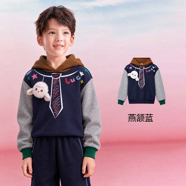 Lamb Fleece-Lined Colour-Block Hoodie 真羊气加绒连帽卫衣 – Navy 燕颔蓝