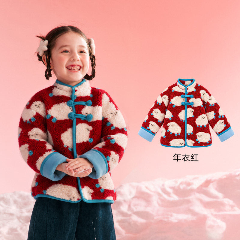Lamb Print Sherpa Tang Jacket 羊羔绒加绒唐装 - Red 年衣红