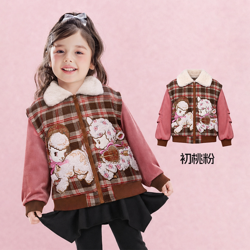 Plaid Lamb Padded Jacket with Faux-Fur Collar 格子小羊毛领棉夹克 – Pink 初桃粉