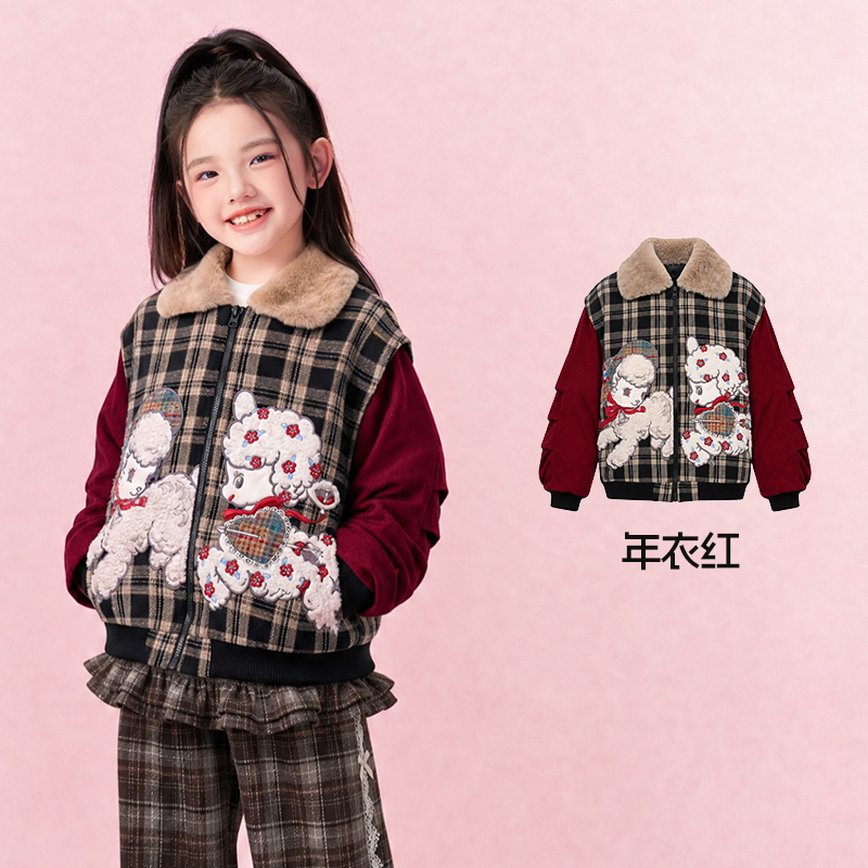 Plaid Lamb Padded Jacket with Faux-Fur Collar 格子小羊毛领棉夹克 – Red 年衣红
