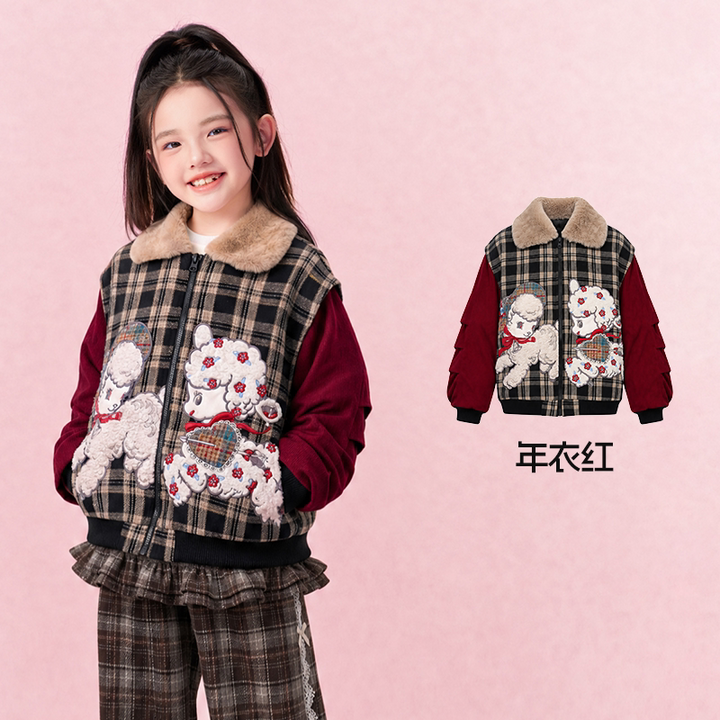 Plaid Lamb Padded Jacket with Faux-Fur Collar 格子小羊毛领棉夹克 – Red 年衣红