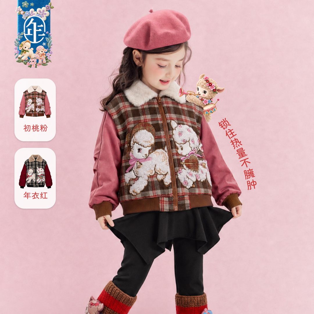 Plaid Lamb Padded Jacket with Faux-Fur Collar 格子小羊毛领棉夹克