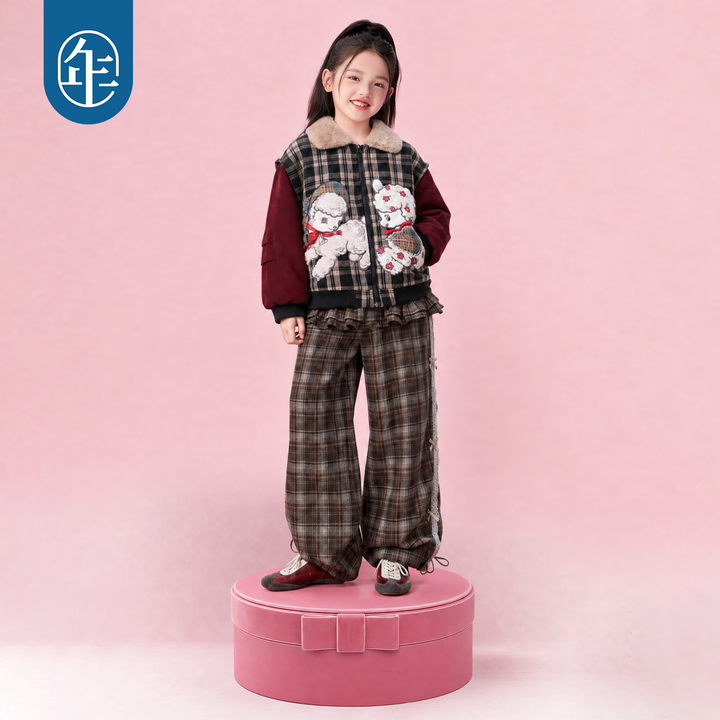 Plaid Lamb Padded Jacket with Faux-Fur Collar 格子小羊毛领棉夹克