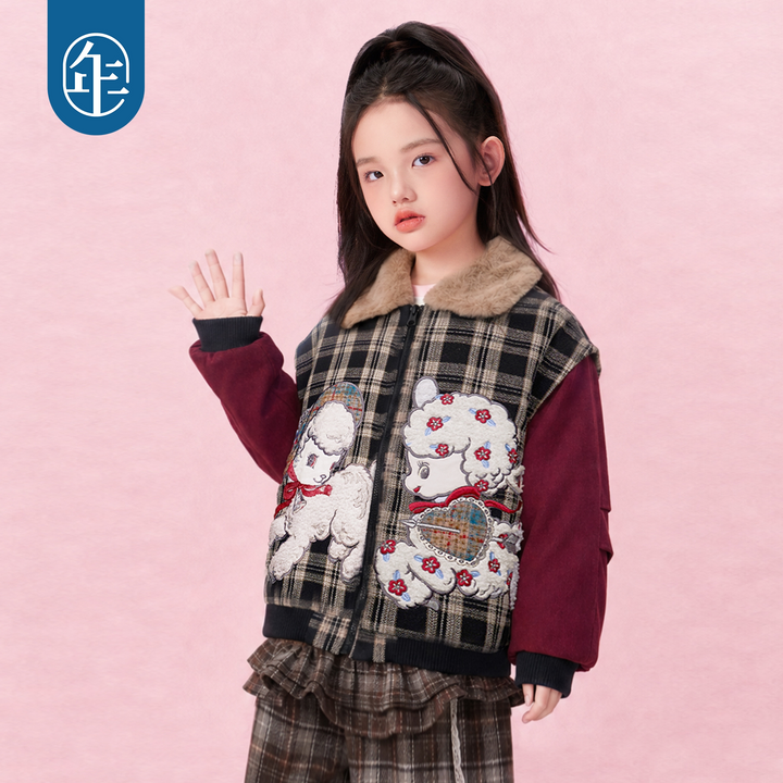 Plaid Lamb Padded Jacket with Faux-Fur Collar 格子小羊毛领棉夹克