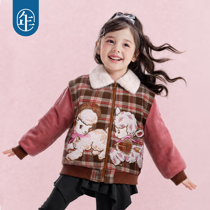 Plaid Lamb Padded Jacket with Faux-Fur Collar 格子小羊毛领棉夹克
