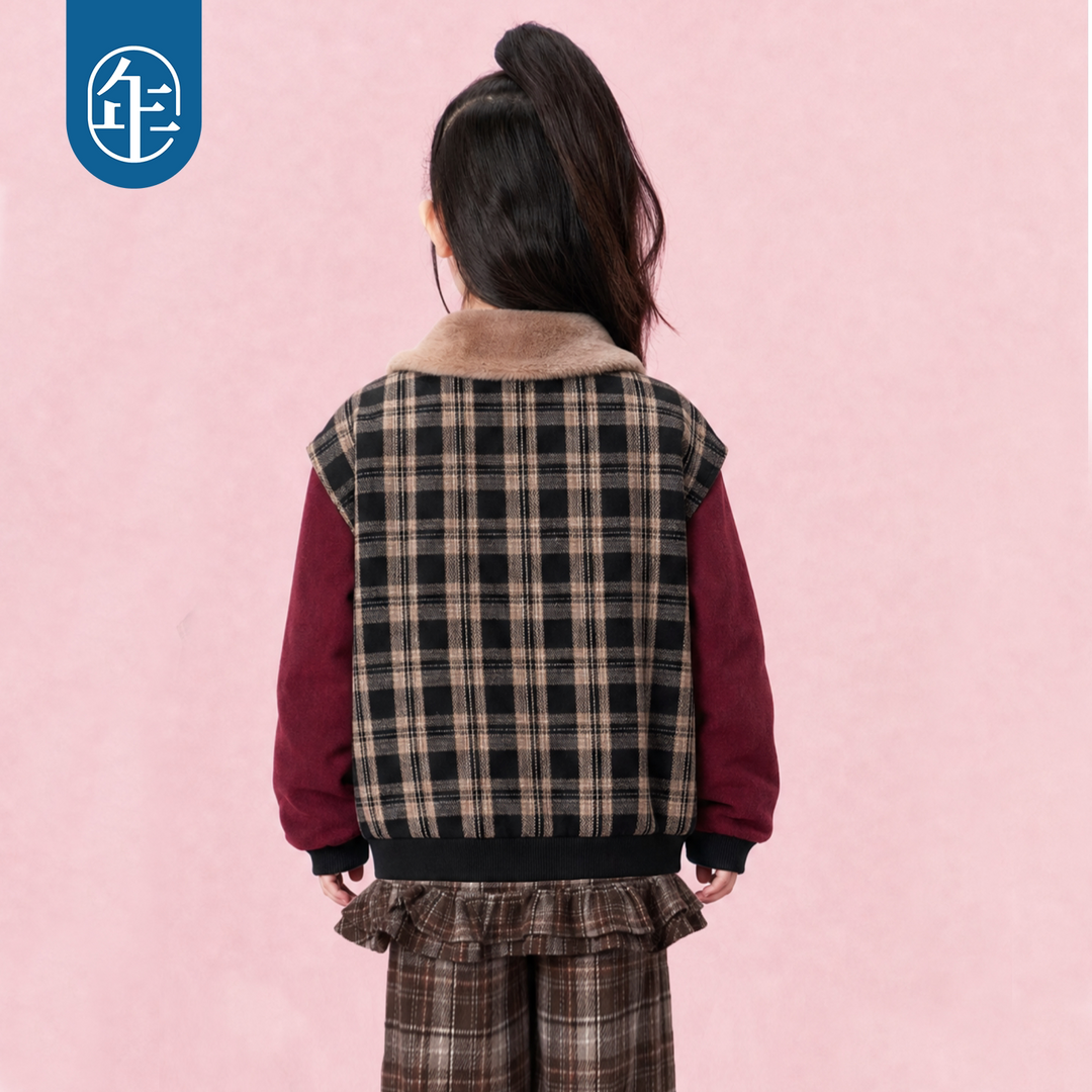 Plaid Lamb Padded Jacket with Faux-Fur Collar 格子小羊毛领棉夹克