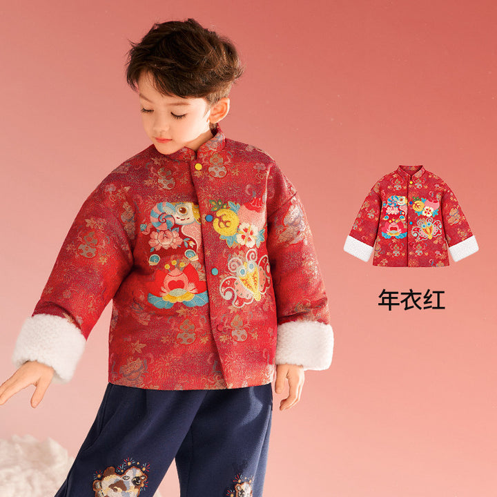 Floral Embroidered Padded Tang Jacket 刺绣加绒唐装棉服 - Red 年衣红