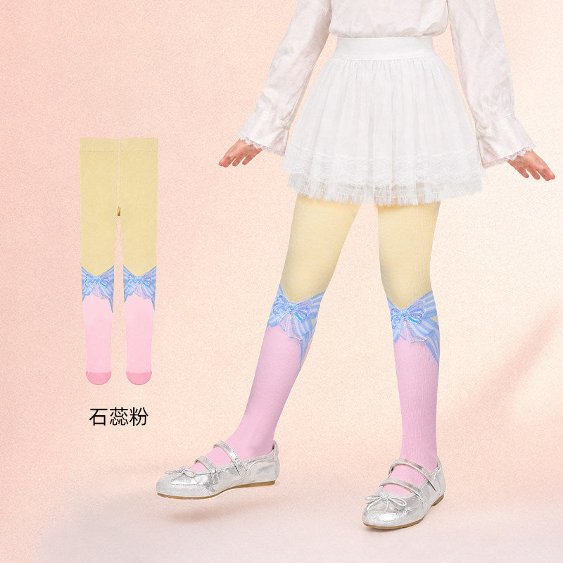 Bow Print Footed Tights 静待花开蝴蝶结连裤袜 – Pink & Yellow 石蕊粉