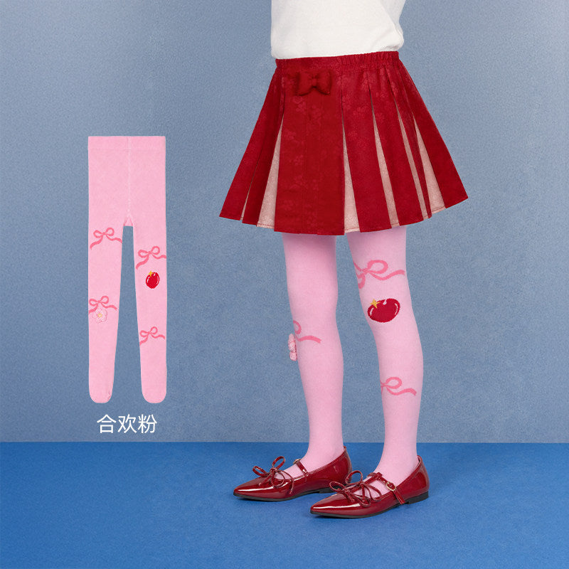 Bow & Cherry Footed Cotton Tights 蝴蝶结樱桃连裤袜 – Pink 合欢粉