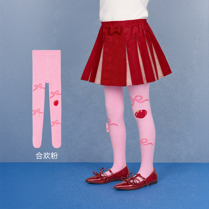 Bow & Cherry Footed Cotton Tights 蝴蝶结樱桃连裤袜 – Pink 合欢粉
