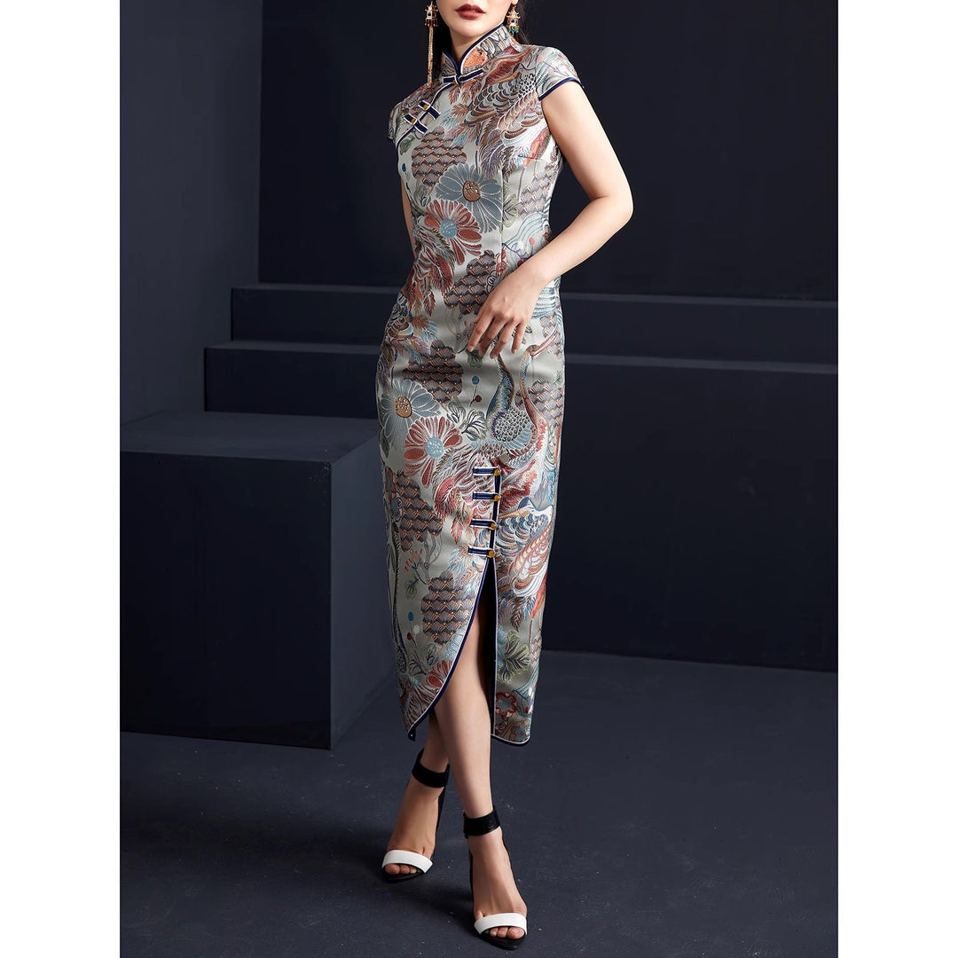 SLEEVELESS JACQUARD PRINT FITTED CHEONGSAM