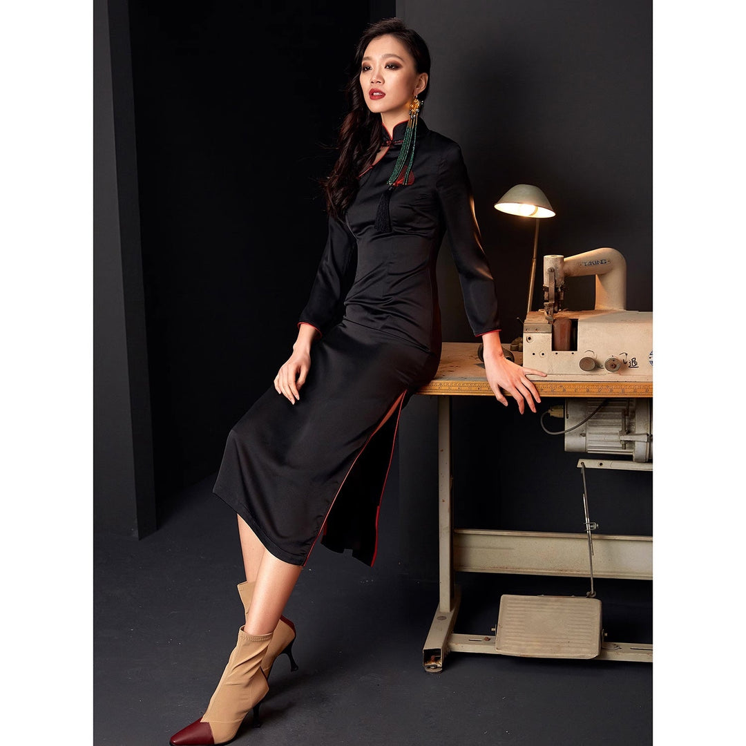 BLACK SATIN CHEONGSAM DRESS WITH POLKADOT DETAILS