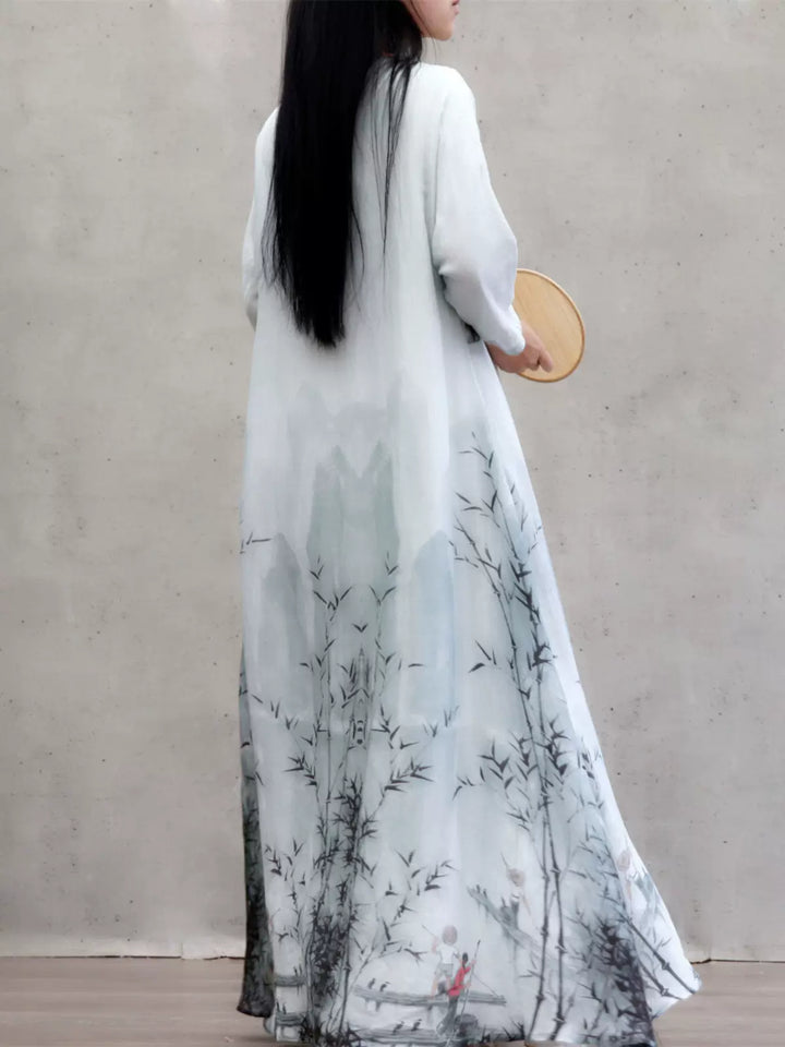 Linen & Silk Maxi Dress Watercolor Bamboo