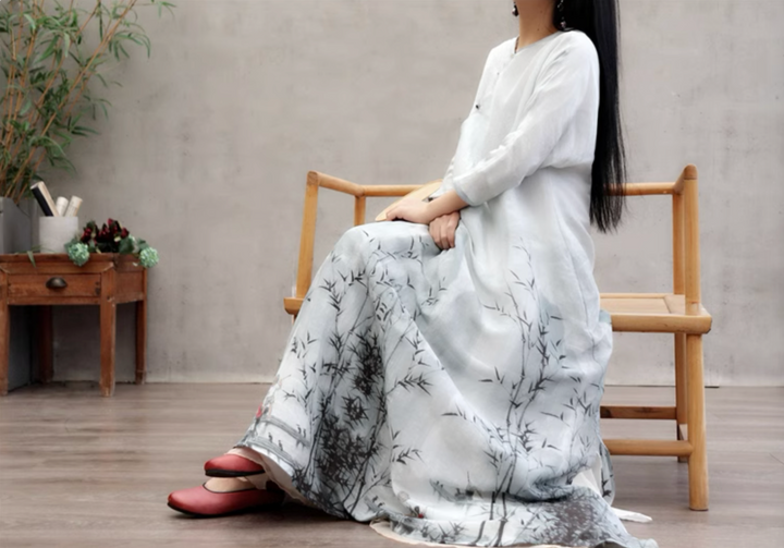 Linen & Silk Maxi Dress Watercolor Bamboo