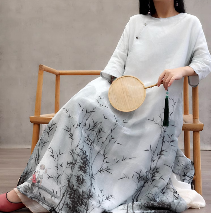 Linen & Silk Maxi Dress Watercolor Bamboo
