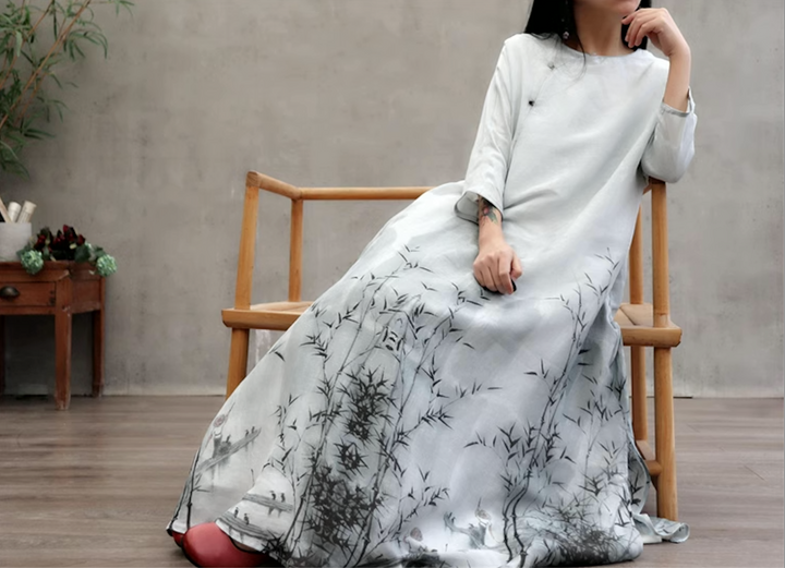 Linen & Silk Maxi Dress Watercolor Bamboo