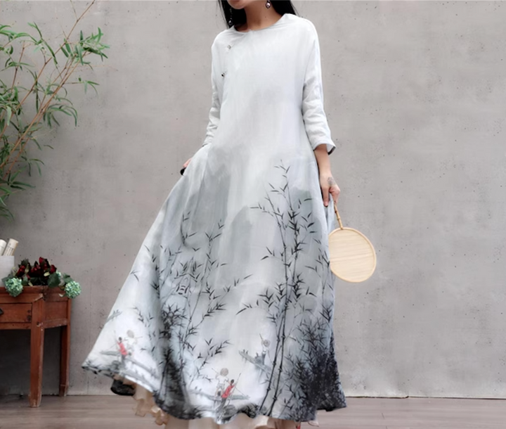 Linen & Silk Maxi Dress Watercolor Bamboo