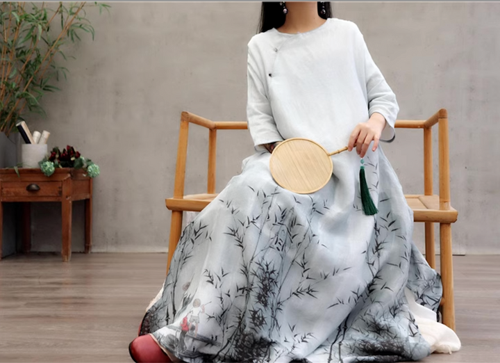 Linen & Silk Maxi Dress Watercolor Bamboo