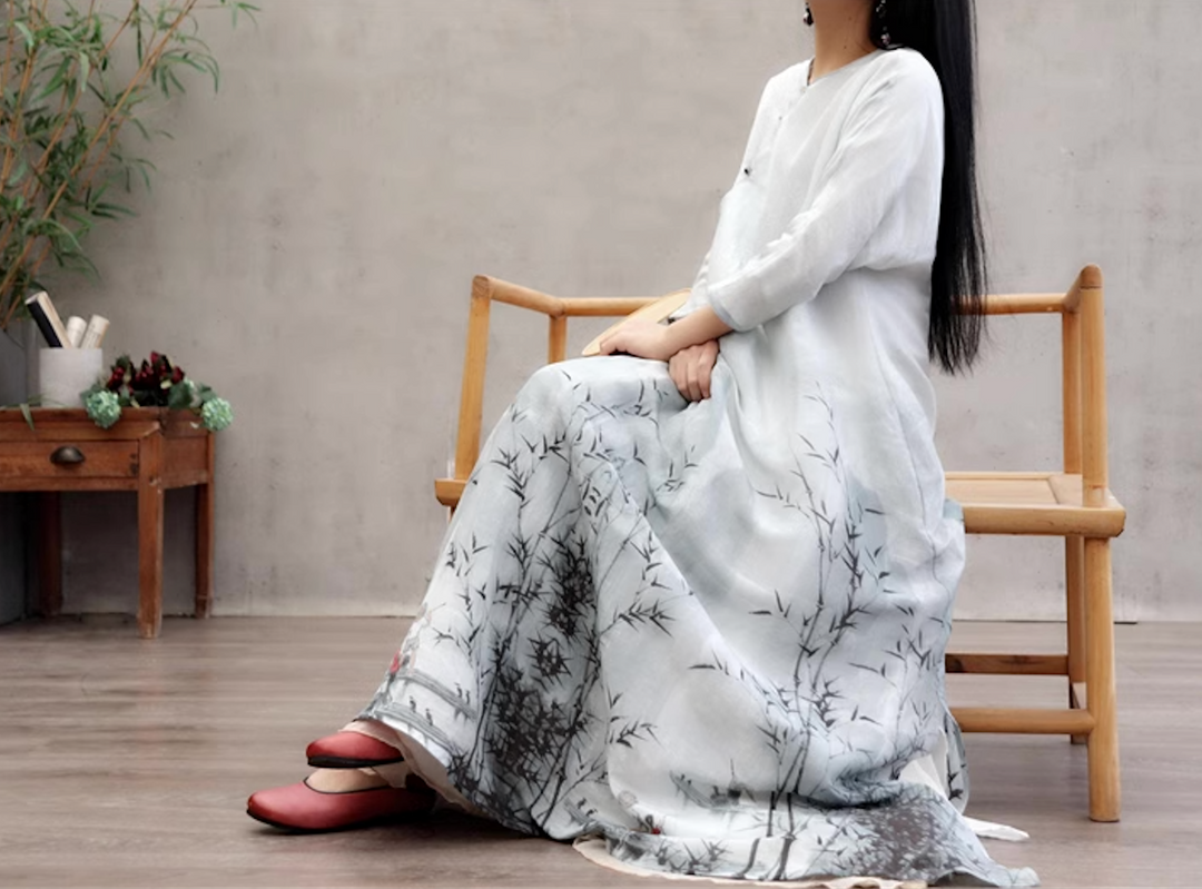 Linen & Silk Maxi Dress Watercolor Bamboo