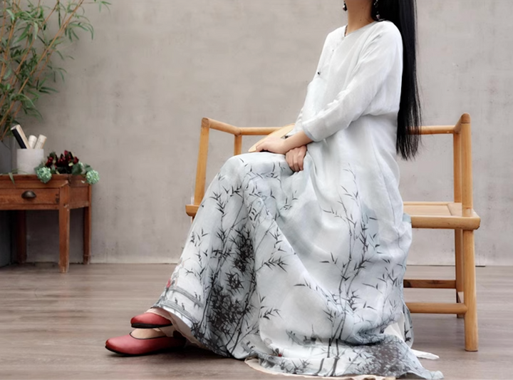 Linen & Silk Maxi Dress Watercolor Bamboo