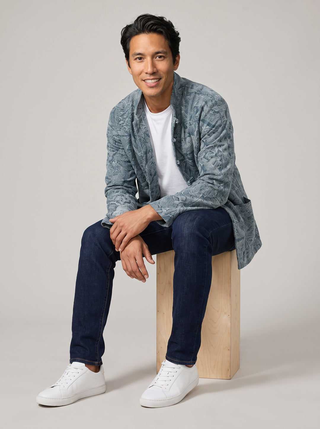 Jacquard Denim Tang Jacket 倩影提花牛仔唐装外套 – studio, seated