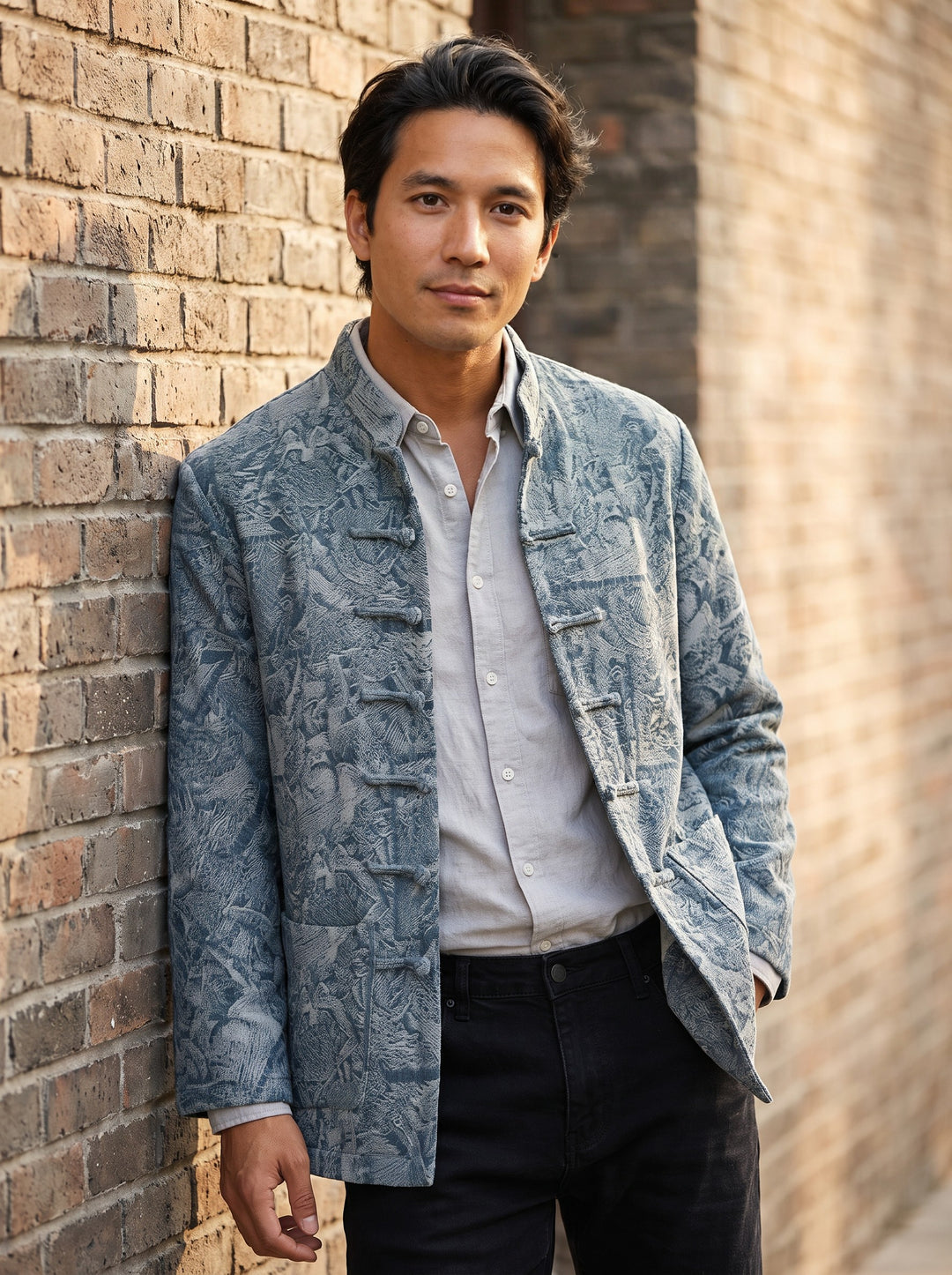 Jacquard Denim Tang Jacket 倩影提花牛仔唐装外套 – lifestyle close-up