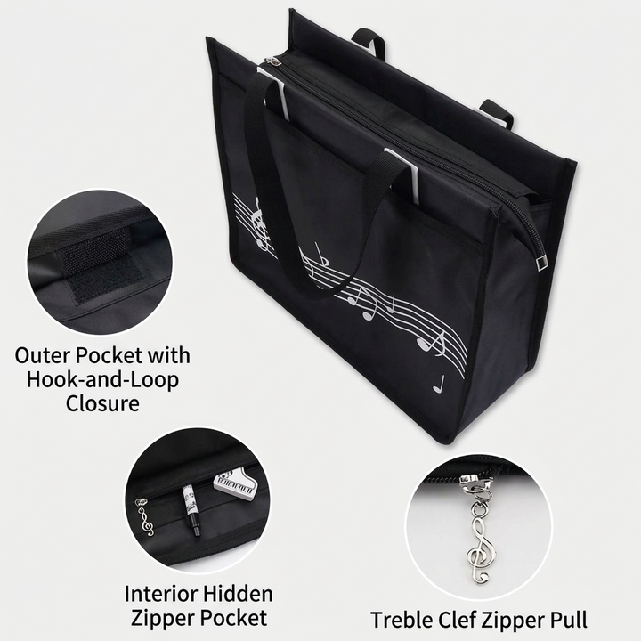 Bag pockets and zipper details in English