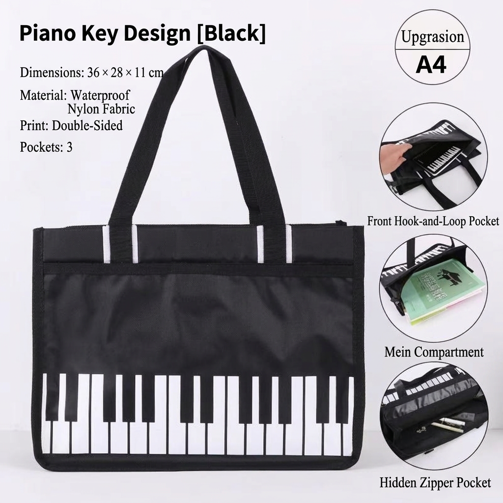 Black piano-key bag specifications in English
