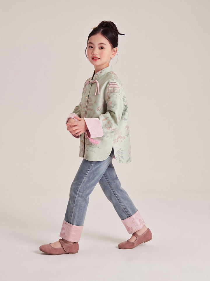 Girls' Landscape Embroidered Jacket & Cuffed Jeans 女童古风山水刺绣外套·牛仔裤 – Jeans · Pink Hem 粉边牛仔裤 – side