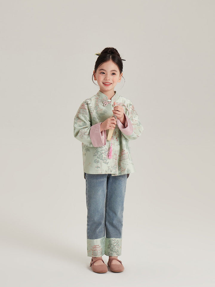 Girls' Landscape Embroidered Jacket & Cuffed Jeans 女童古风山水刺绣外套·牛仔裤 – Jeans · Green Hem 绿边牛仔裤 – full look