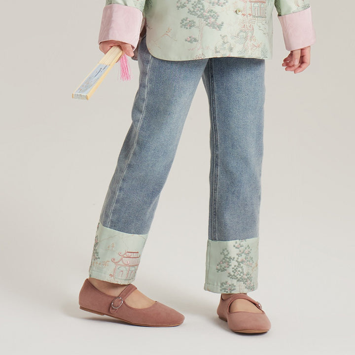 Girls' Landscape Embroidered Jacket & Cuffed Jeans 女童古风山水刺绣外套·牛仔裤 – Jeans · Green Hem 绿边牛仔裤