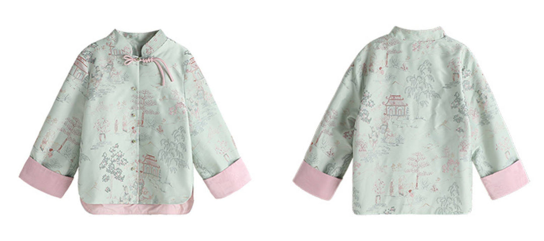 Girls' Landscape Embroidered Jacket & Cuffed Jeans 女童古风山水刺绣外套·牛仔裤 – Jacket – front and back flat lay
