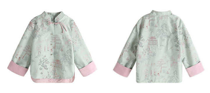 Girls' Landscape Embroidered Jacket & Cuffed Jeans 女童古风山水刺绣外套·牛仔裤 – Jacket – front and back flat lay