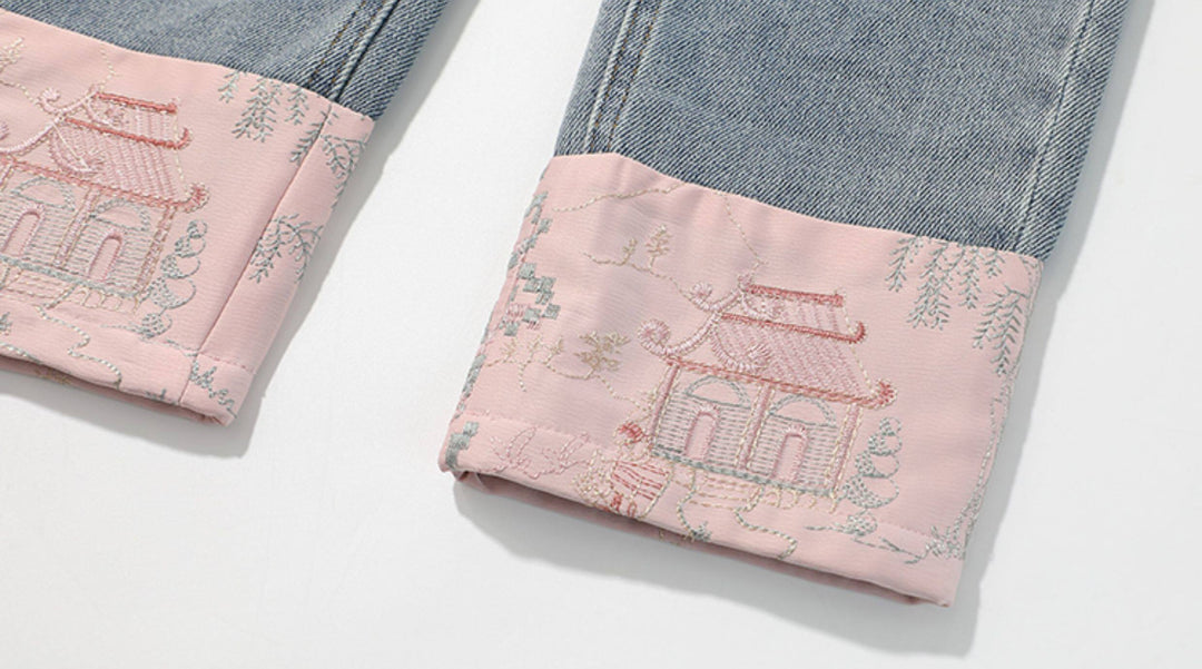 Girls' Landscape Embroidered Jacket & Cuffed Jeans 女童古风山水刺绣外套·牛仔裤 – Jeans · Pink Hem 粉边牛仔裤 – cuffs