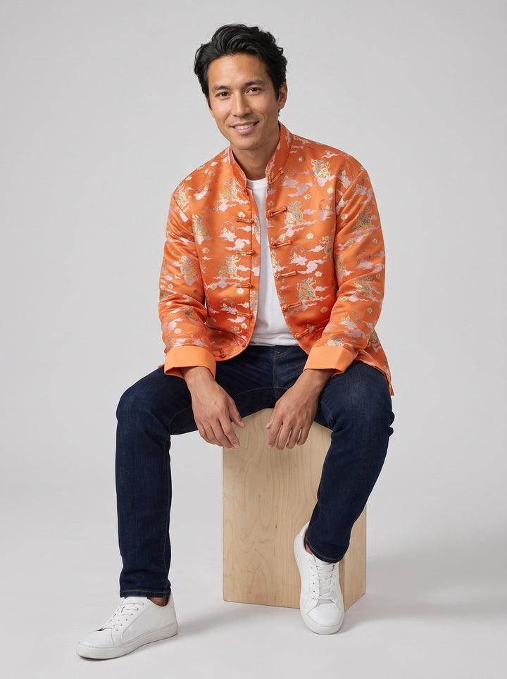 Orange Qilin Jacquard Tang Jacket 麒麟提花唐装外套（橘色） – model photo