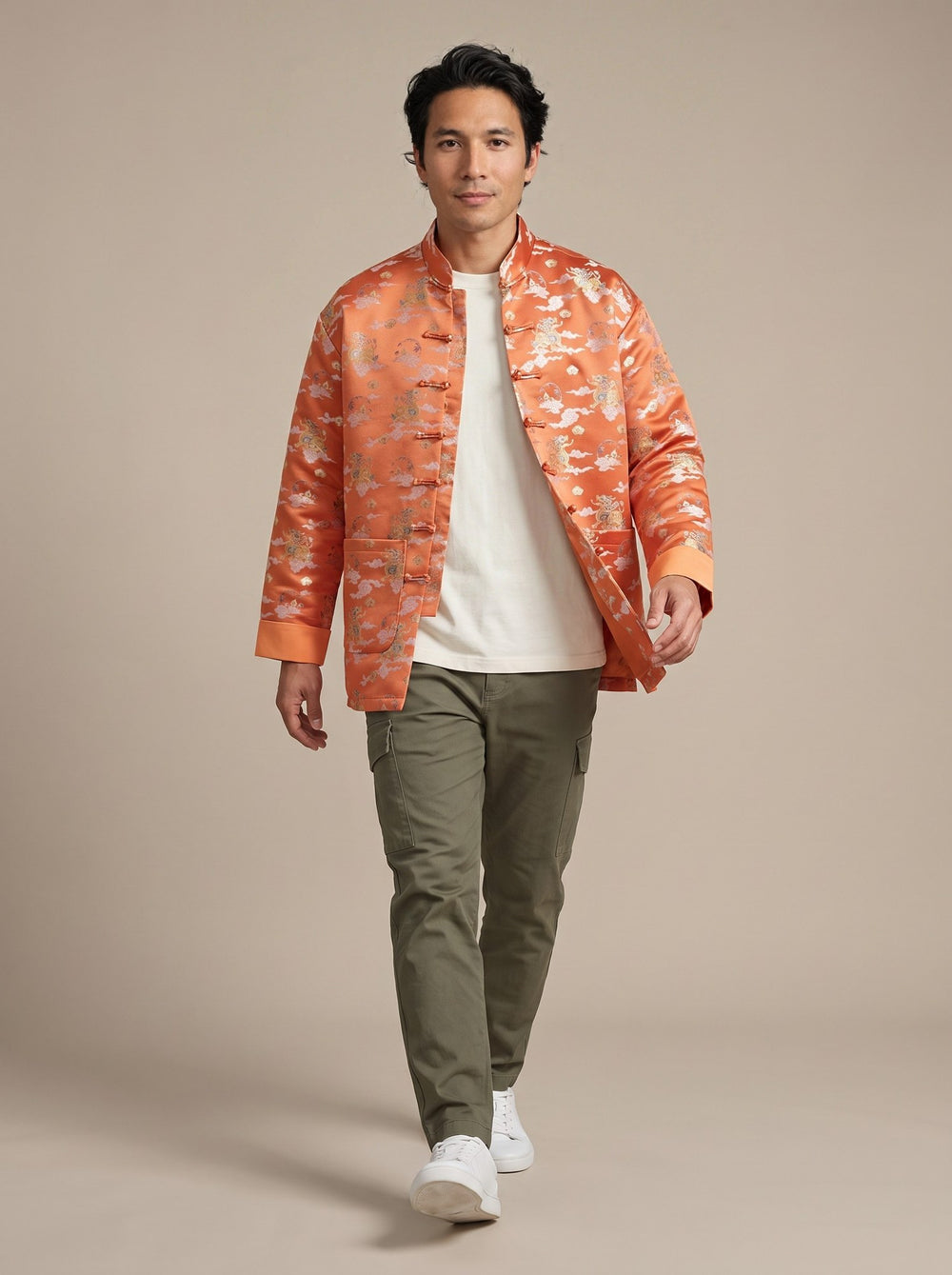 Orange Qilin Jacquard Tang Jacket 麒麟提花唐装外套（橘色） – model photo