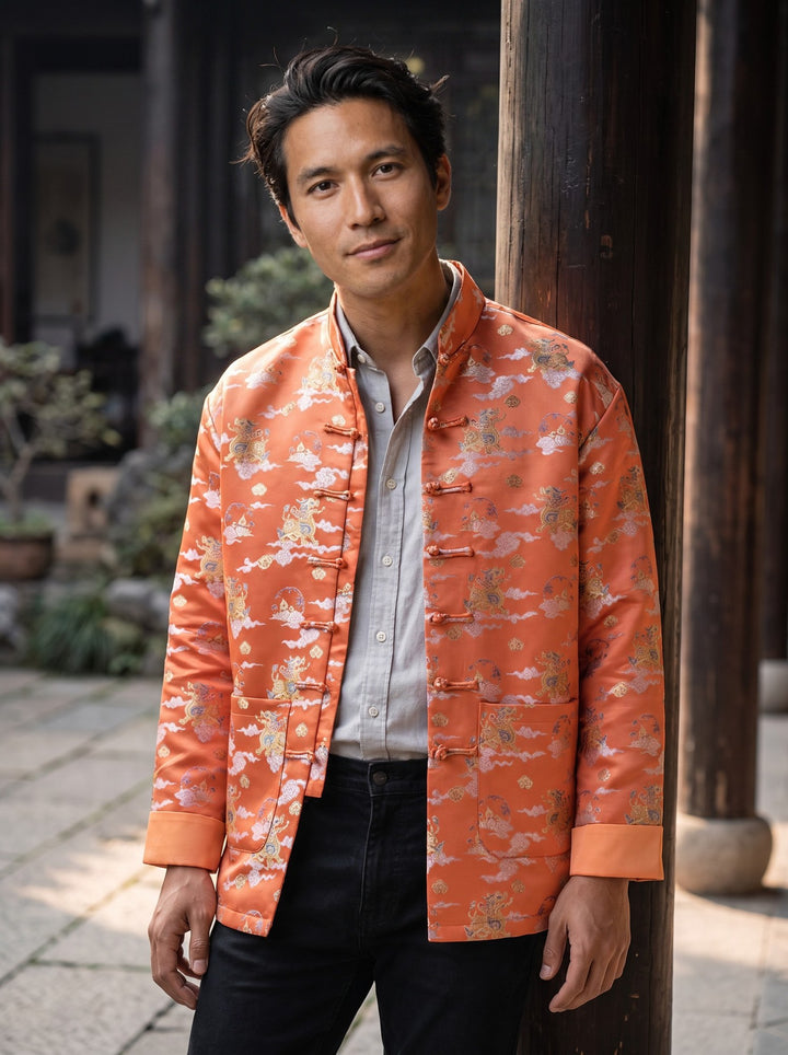 Orange Qilin Jacquard Tang Jacket 麒麟提花唐装外套（橘色） – model photo