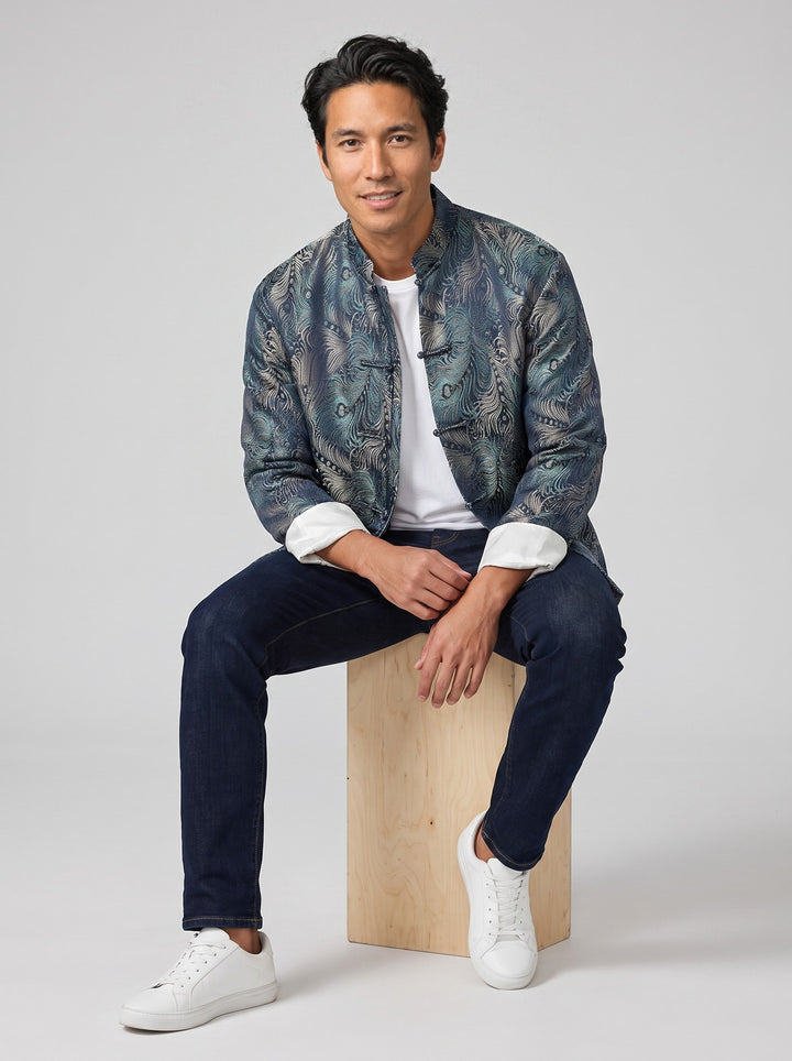 Peacock Feather Tang Jacket 孔雀翎唐装外套 – model photo